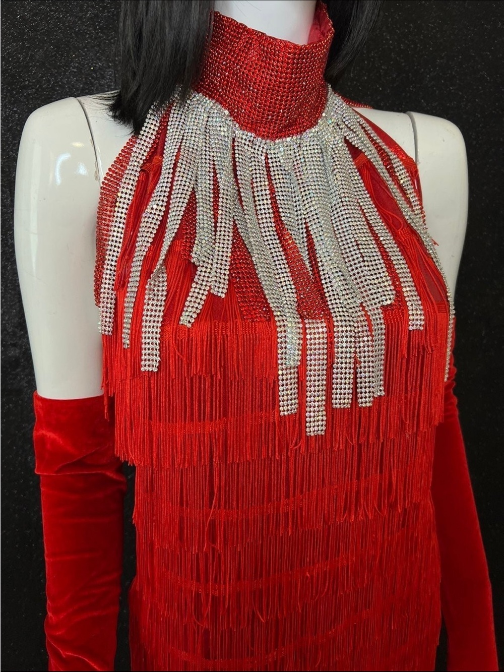 Red Fringe Flapper Dress with Rhinestone Neck M